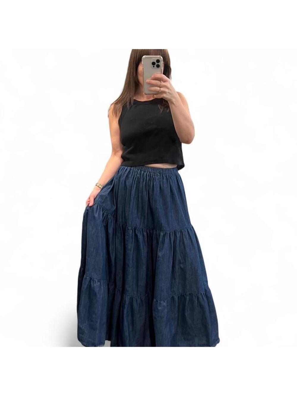 Vintage 90s Dark Wash Tiered Denim Maxi Skirt Prairie
